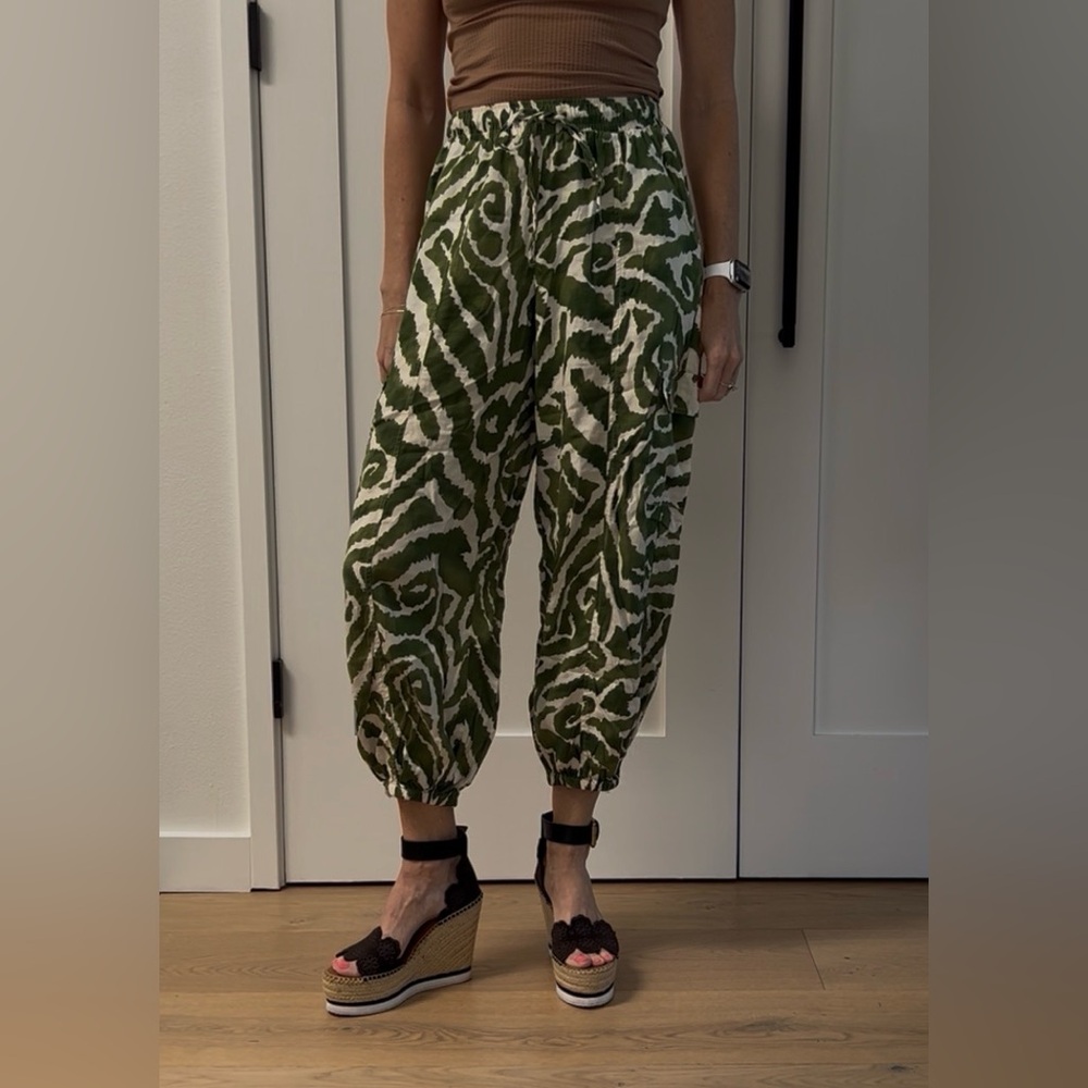 Haute Hippie Green & Cream Printed Linen Blend Pants